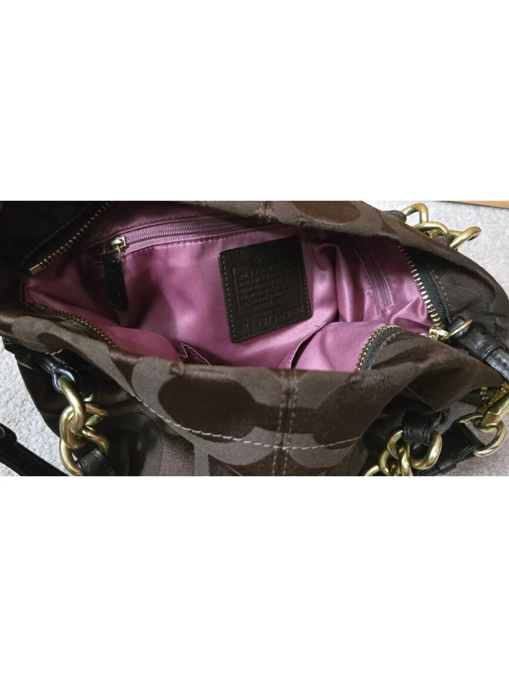 Coach Signature Brown Canvas and Leather Tote Bag with Gold Hardware and Purple-